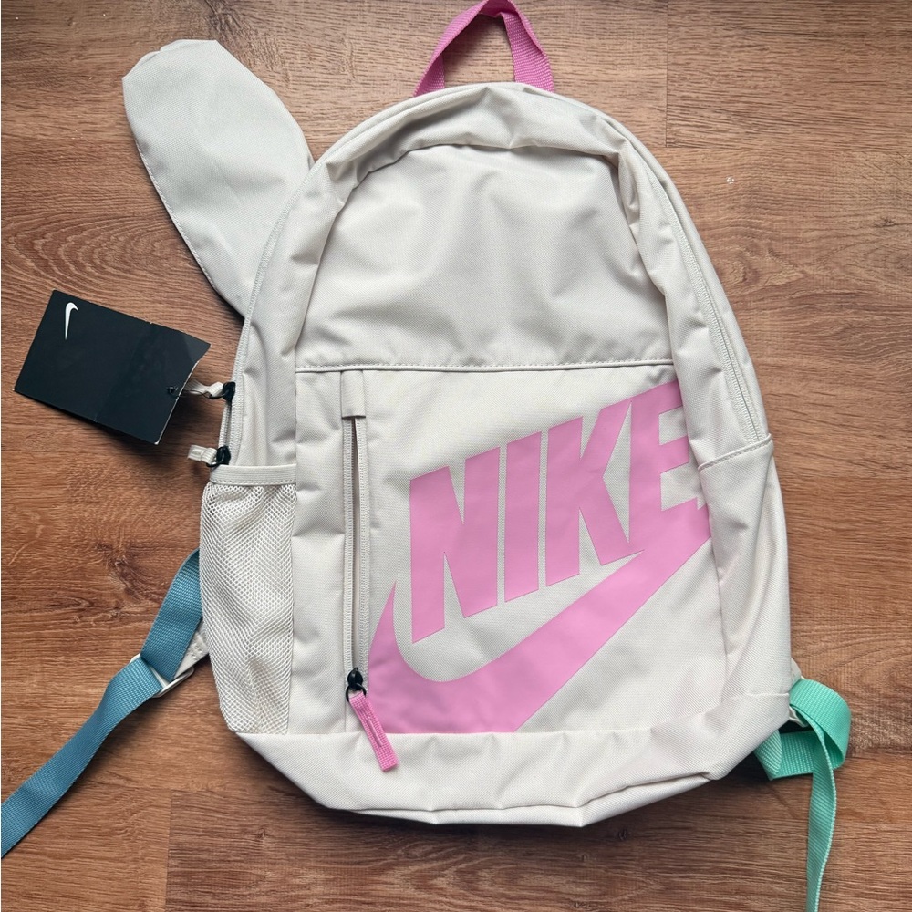 Nike Cream Backpack with Pink Logo and Blue-Mint Straps